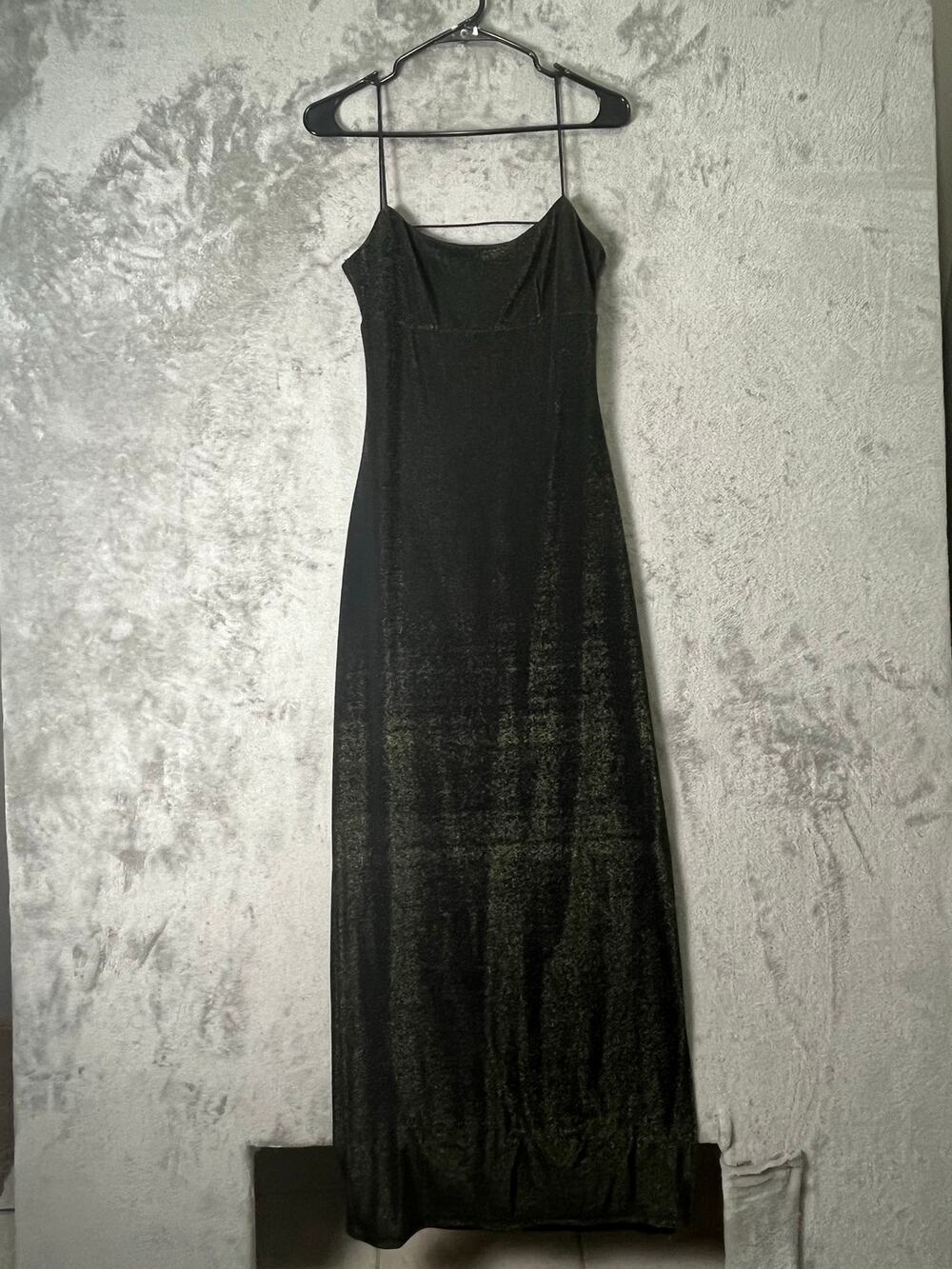 Vintage Y2K Black Shimmer Maxi Dress Spaghetti Strap Bodycon Evening Goth Glam